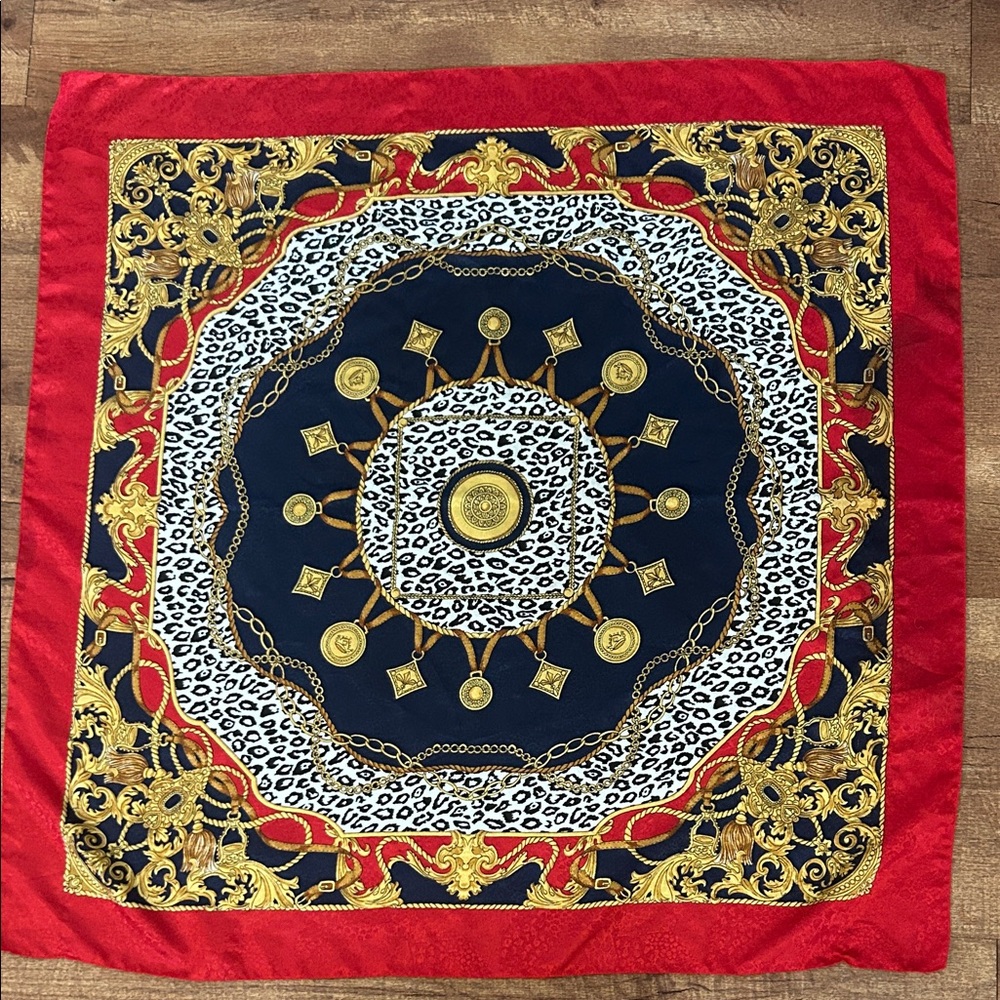 Elegant Red, Navy Blue, and Gold  square, silk Scarf